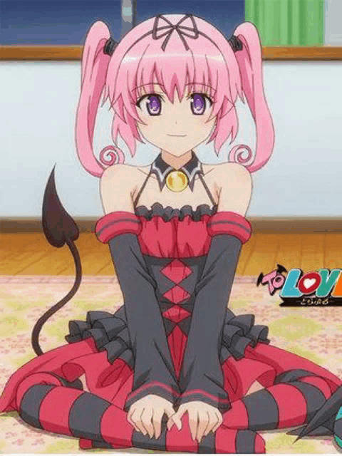 a pink haired anime girl is sitting on the floor wearing a red and black dress .