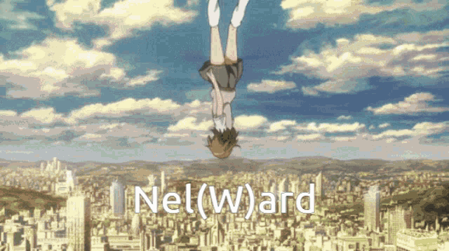 a girl is hanging upside down in the air with the words nel ( w ) ard written below her
