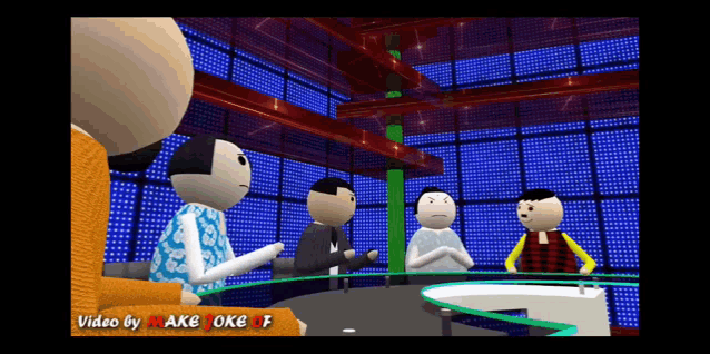 a group of cartoon characters sitting around a table with the words video by akb oke f on the bottom right