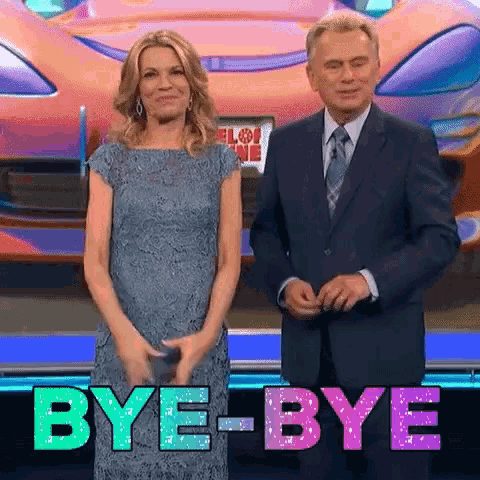 a man and a woman are standing in front of a car and the words bye-bye are displayed