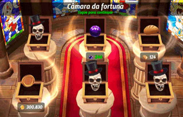 a screenshot of a game called camara da fortuna with skulls in top hats