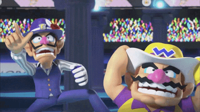 two cartoon characters are standing next to each other and one is wearing a cowboy hat