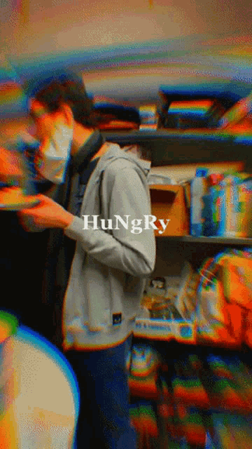 a blurry picture of a person with the word hungry written on it