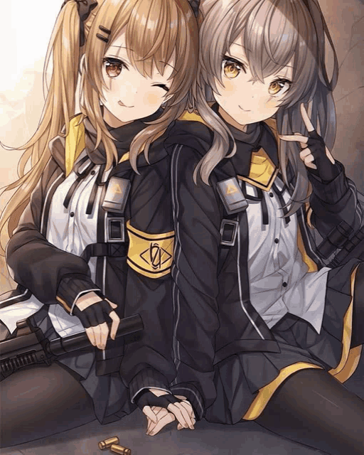 two anime girls sitting next to each other with one holding a gun and the other giving a peace sign