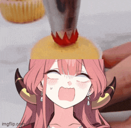 a girl with horns is making a cupcake with icing on it