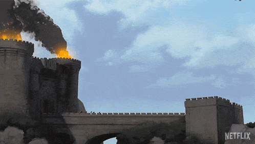 a dragon is flying over a burning castle with netflix written on the bottom right