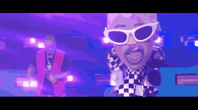a cartoon of a man wearing white sunglasses and a checkered shirt