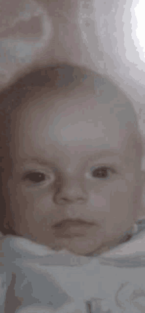 a baby is looking at the camera with a pink background .