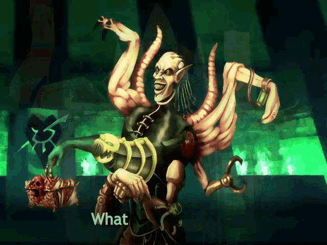 a painting of a monster holding a gun with the words what written below it