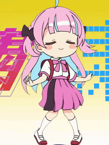 a little girl with pink hair and blue hair is dancing with her eyes closed