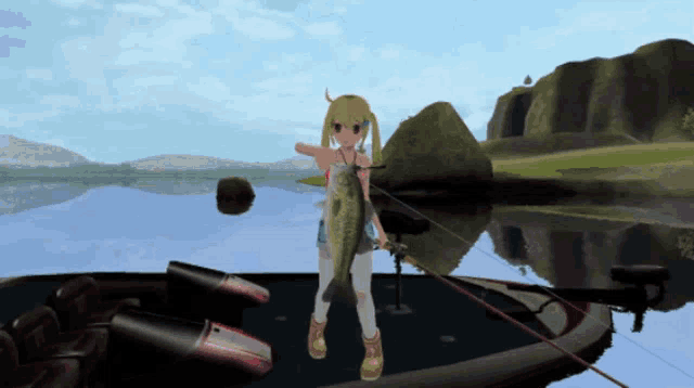 a girl standing on a boat with a fish in her hand