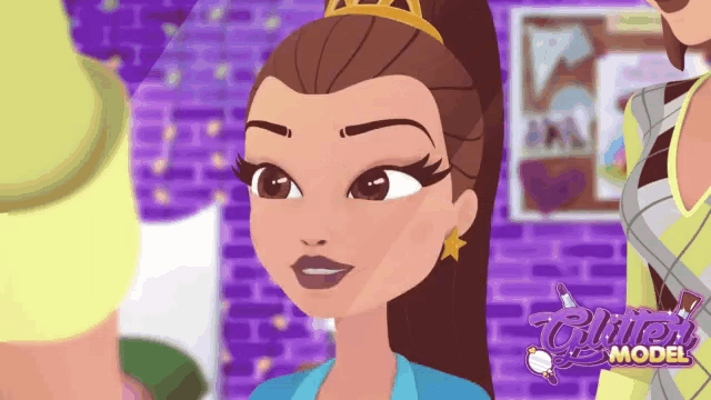 a cartoon of a girl with the word glitter model on the bottom left