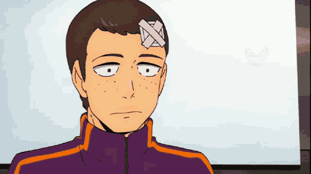 a man with a bandage on his forehead looks sad