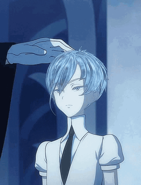 a cartoon character with blue hair and a white shirt and tie