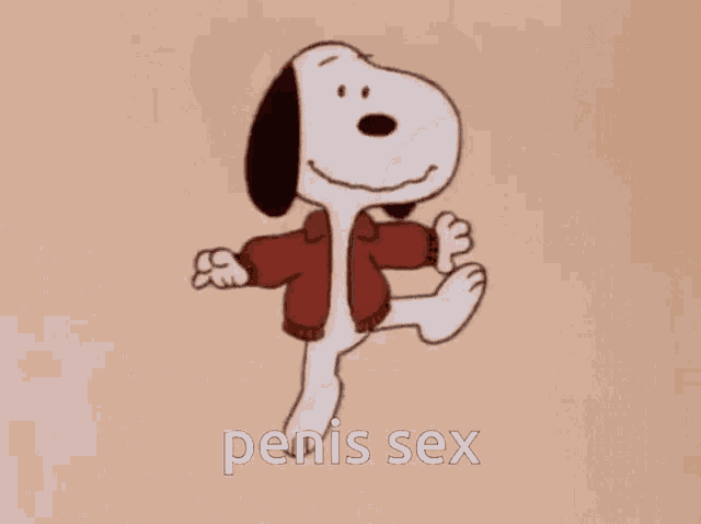 a cartoon of snoopy dancing with the words penis sex written on the bottom