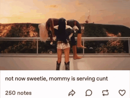 two women are carrying a man on their shoulders and the caption says not now sweetie , mommy is serving cunt .