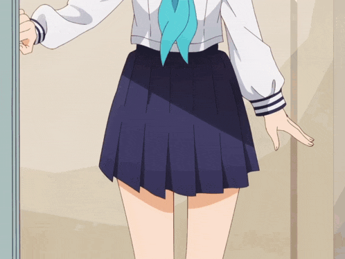 a girl with a blue scarf and a pleated skirt