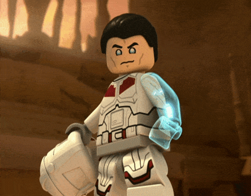 a lego figure with a glowing arm and a helmet