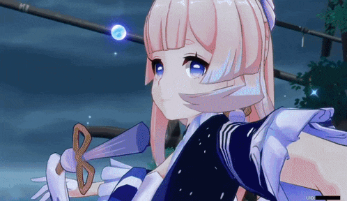a girl with pink hair and blue eyes holding a sword