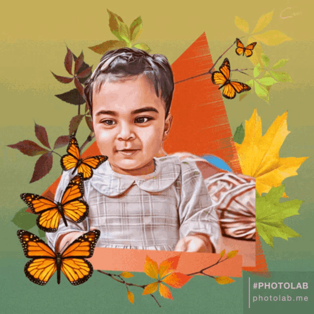 a painting of a baby with butterflies and leaves around it