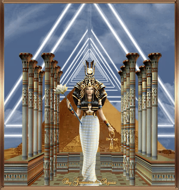 a painting of a woman in front of a pyramid with the name guezana on the bottom right