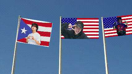 three flags with pictures of people on them are flying in the wind against a blue sky
