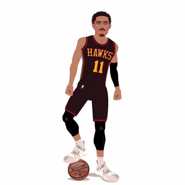 a basketball player for the hawks stands next to a wilson basketball