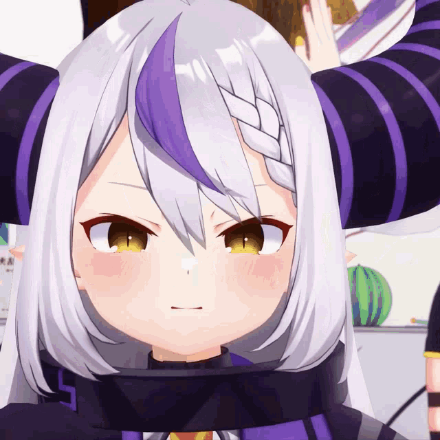 a close up of a cartoon character with horns and purple hair