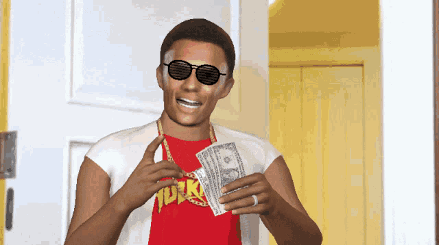 a man wearing sunglasses and a red shirt that says york is holding a bunch of money