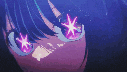 a close up of a girl with blue hair and pink eyes with a flower in her hair .
