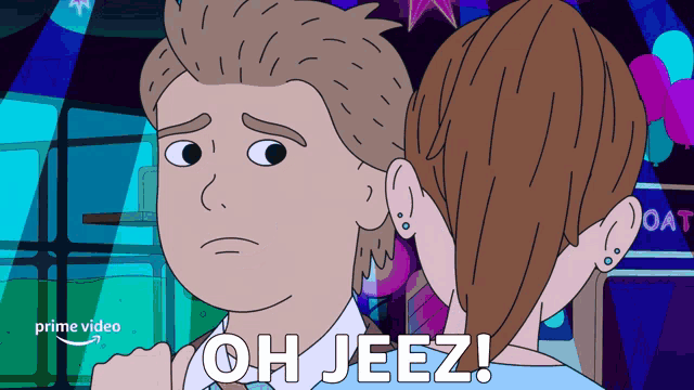 a cartoon of a man and a woman with the words oh jeez