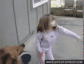 a little girl standing next to a teddy bear with the words make gifs at gifsoup.com at the bottom