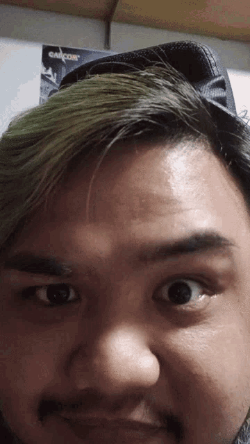 a man with green hair and a beard looks at the camera