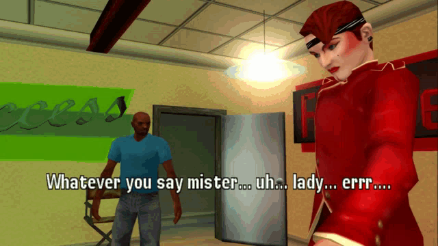 a video game screen shows a man and a woman and says whatever you say mister uh lady errr