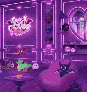 a room with purple walls and a neon sign that says " i love mouse "