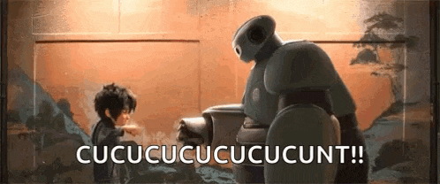 a boy and a robot are standing next to each other and talking .