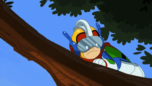 a cartoon character is laying on a tree branch with a sad look on his face