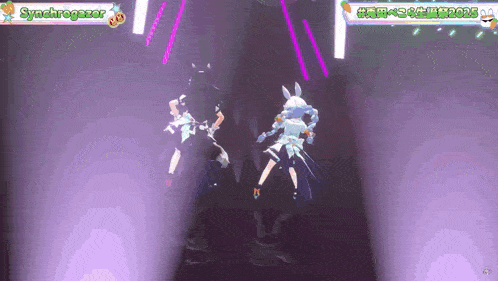 a couple of anime characters are dancing on a stage in a dark room .
