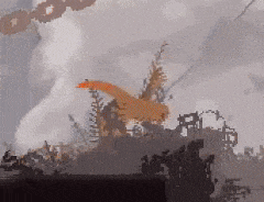 a pixel art of a dragon flying over a landscape