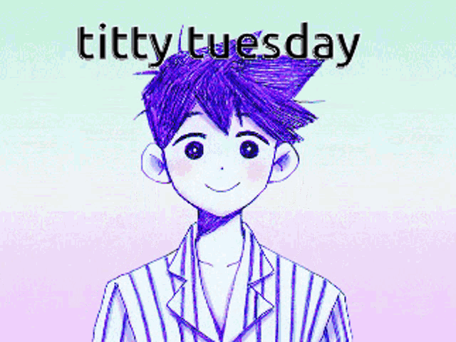 a drawing of a girl with purple hair and the words titty tuesday on the bottom
