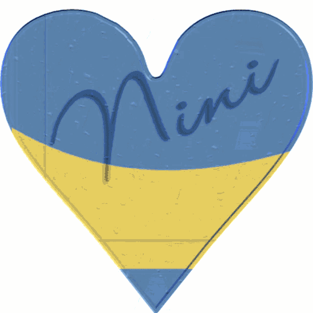 a blue and yellow heart with the name mimi written on it