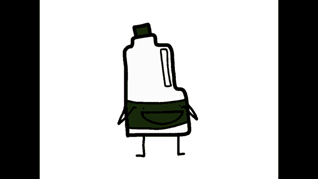 a cartoon drawing of a bottle with arms and legs and a smile on its face .