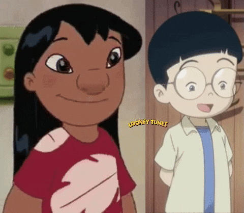 a boy and a girl from looney tunes stand next to each other