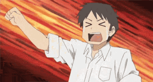 a man in a white shirt is screaming with his fist in the air .