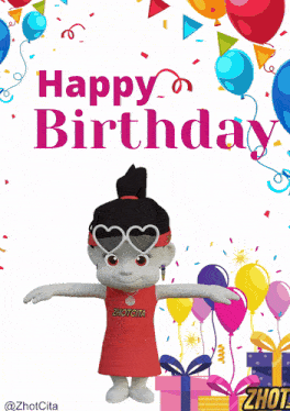 a happy birthday card with a cartoon girl wearing a zhotcita shirt