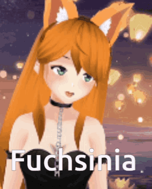 a girl with fox ears has the word fuchsania on her chest