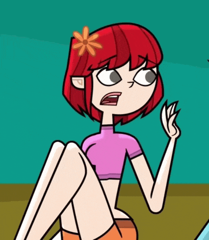 a cartoon girl with red hair and a flower in her hair points up