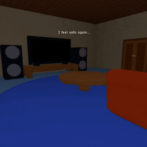 a computer generated image of a room with the words i feel safe again written on the wall