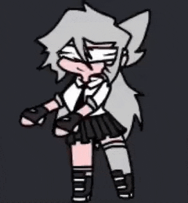 a drawing of a girl with white hair and a black skirt is standing in front of a black background .