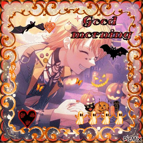 a picture of a boy with bats and pumpkins and the words good morning